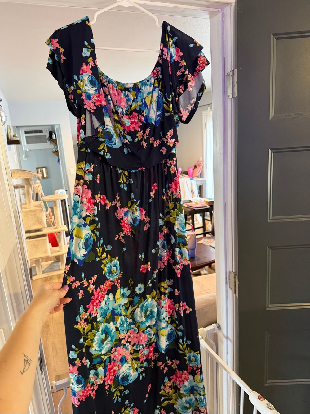 Floral Maxi Dress in Navy with Blue & Pink Blooms